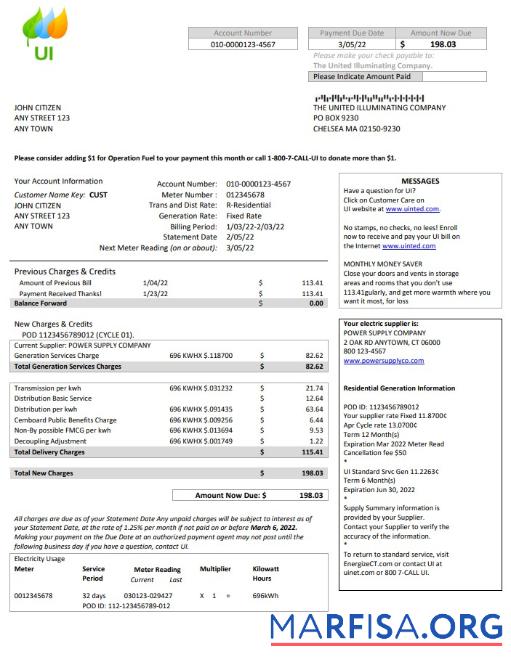 Blank USA Massachusetts Chelsea UI The United Illuminating Company utility bill Word and PDF template